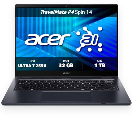 Acer, TravelMate P4 Spin 14, Convertible Laptop, 14 inches, WQXGA+ IPS Touch Display, Intel Core Ultra 7 255U, 32 GB RAM, 1 TB SSD, Intel Graphics, Windows 11 Pro, Blue, TMP414RN-55-TCO