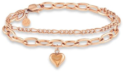 GD GOOD.designs Armband Herz für Damen Rosegold - Mehrreihiges Charms Armband in 18K rosévergoldet | Roségoldenes verstellbares Herz Charm Armkette (14,5cm - 19,5cm) - Figaro Kette, Panzerkette