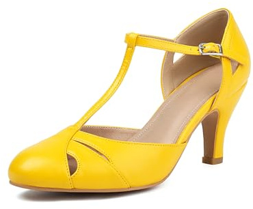 elerhythm dam Mary Jane vintage ankelrem stängd rund tå Gatsby klackar retro 1950-tals pumps 1920-talet viktorianska skor, GUL, 38 EU