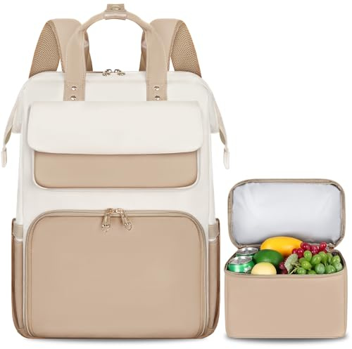 BERTASCHE Mochila de almuerzo para mujer, 15,6 pulgadas, bolsa isotérmica, 2 en 1, trabajo/negocios/viajes/profesores/escuela/universidad, caqui-beige