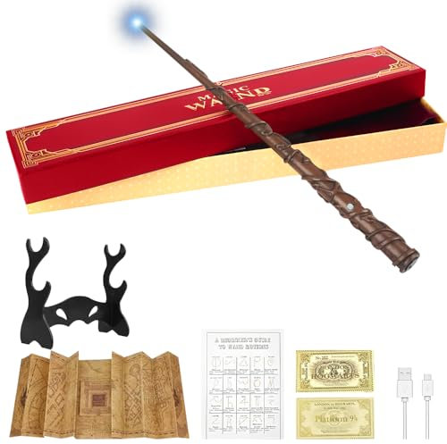 SGZIOO Zauberstab, 35cm Zauberstab mit Licht, USB Aufladung Elderstab, Magic Wand in Geschenkbox mit Landkarte, Zauberspruch Karte, Fahrkarte und Zauberstabhalter, für Halloween, Cosplay, Karneval (B)