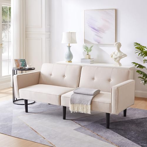 Gegtuon Schlafsofa Sofa mit Schlaffunktion, 2 Sitzer Couch Schlafcouch Rückenlehne Bett mit Armlehnen, Gästebett Modern Klappbares Sofabett Loungesofa für Wohnzimmer Schlafzimmer, Leinen (Beige)