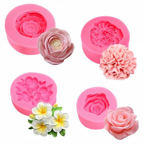Set med 4 silikonformar i form av blommor, rosa pionljus, gardenia nejlikor, gör-det-själv-hartsgjutning, ljusformar, tvål