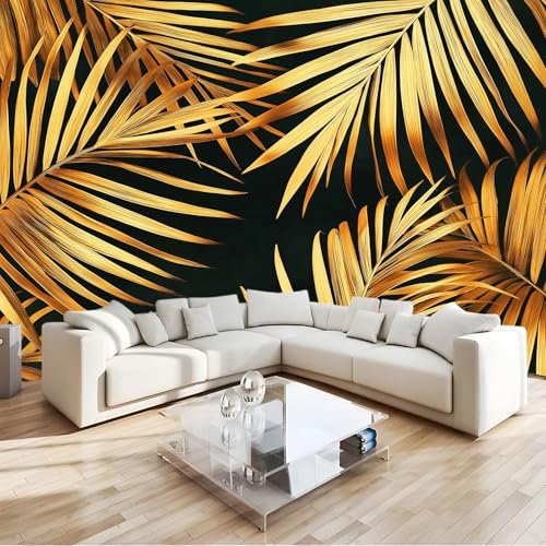 Fotomurales 3D Hoja De Palma Dorada, 400 X 280 Cm Murales 3D Papel Pintado, Decoración De Paredes, Para Salón Dormitorio Habitación Infantil Fondo De Tv Decoración, Negro