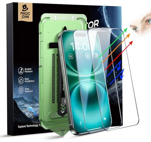 MAGIC JOHN 2 Stück für iPhone 16 (6,1 Zoll) Displayschutz Augenschutz Anti-Blaulicht, HD Klar, Auto Dust-Elimination, 9H-Gehärtetes Glas & Kratzresistenz, Vollständige Kantenabdeckung