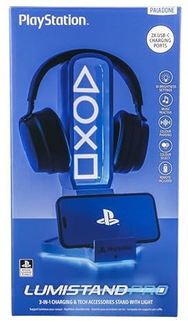 Paladone PlayStation 3-in-1 Headphone Stand and Tech Charging Station with Console Controller Cradle and 2 USB-C Ports, RGB Colour Changing Light Panel, Officially Licensed Gift for Gamers