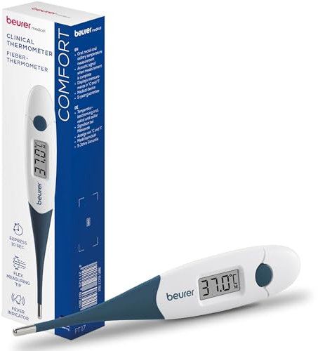 Beurer FT 17 digital clinical thermometer, thermometer with flexible measuring tip for oral, rectal & axillary measurement, measurement in 10s, fever indicator, for babies, children and adults, white