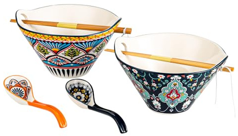 HENXFEN LEAD Juego de cuencos japoneses para ramen, porcelana, 2 piezas de 780 ml, cuencos de sopa coloridos con palillos y cuchara, estilo bohemio