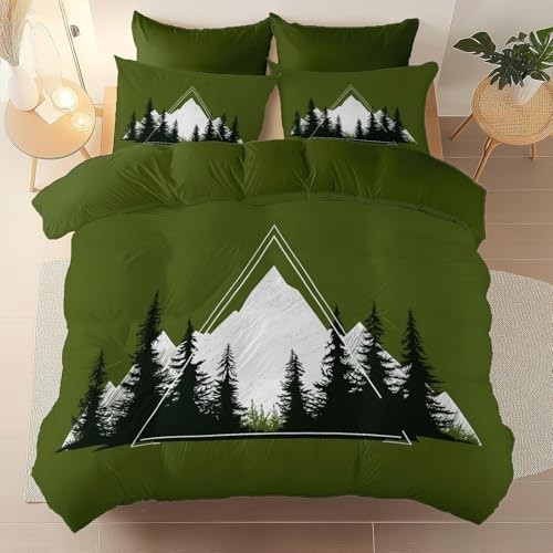 Duvet Cover Printed Single 3Piece, Minimalist Logo Forest theme Soft Breathable Brushed Microfiber Green White Duvet Cover with Zipper, for Teens and Adults Bedding Set