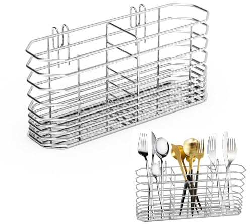 WPNCYK Cutlery Drainer, Cutlery Drainer For Sink, Dish Drying Rack, Cutlery Holder, Kitchen Utensil Organizer, Kitchen Drainage Basket Accessories, With Hooks, Rust Proof, Color-Silver (Silver)
