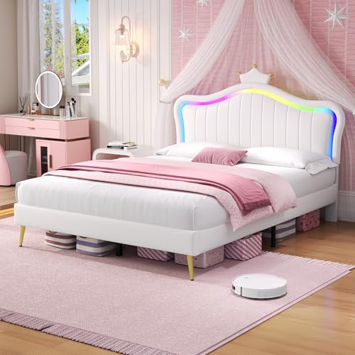 4ft6 Double Bed Frame, Upholstered Platform Bed with LED Adjustable Crown Shape Headboard and Wooden Slats, No Box Spring Needed, Easy Assembly, PU Leather Beds for Adults Kids Teenagers, 135x190cm