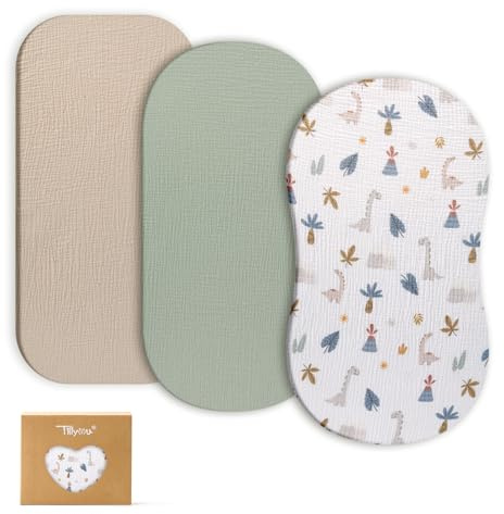 TILLYOU Musselin Spannbettlaken 3er Set Spannbettlaken Kinderwagen 100% Baumwolle Spannbettlaken Beistellbett 40x80 cm, Dinosaurier