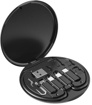 6-in-1 Magnetic Travel Tech Kit – USB-C to Lightning/Micro USB/USB-A Adapters + SIM Card Ejector & Phone Stand Compact Portable Charging Accessory Organiser for iPhone, Android, Tablet, Laptop (Black)
