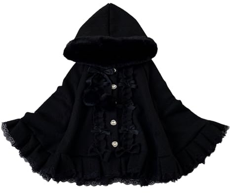 Cuteighteen Kawaii Lolita Hooded Cloak Teens Cape Fleece Lined Jacket Winter Coat Hoodie Lace Trim Poncho Sweater