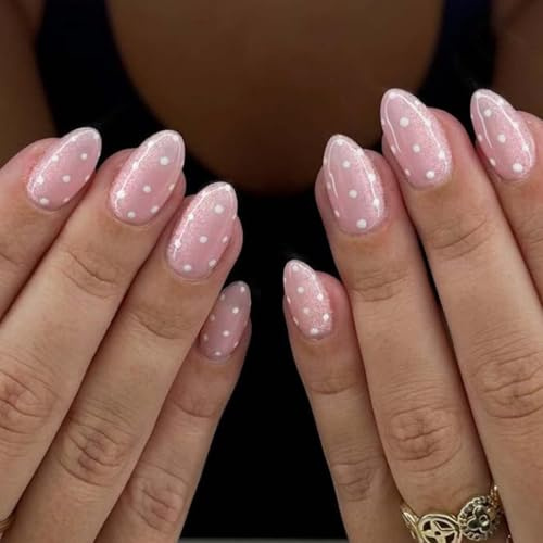 FrostyFlair Polka Dot Mandel Press On Nägel, 24 Stück Press On Nails Kurz & Nägel Zum Aufkleben, Soft Pink Almond French Nails mit Weißen Punkten, Wiederverwendbare Kunstnägel