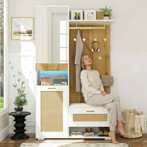 dowowdo Flurgarderobe Set mit Spiegel & Sitzbank, LED-Beleuchtung – modernes Garderobenset Flur in Weiß-Holzoptik, 110×38×190 cm