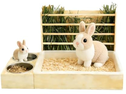 Heuraufe Kaninchen, Futterautomat Kaninchen, Meerschweinchen Heuraufe mit 2 Näpfen, 3 in 1 Heuraufe Holz Futterspender, Hasentoilette für Meerschweinchen
