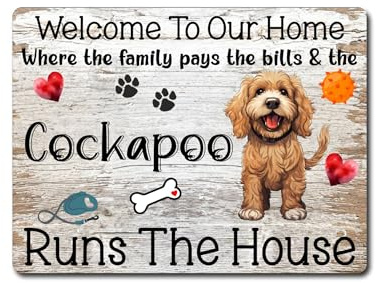 Decalarama Dog Metal Sign Gift – Welcome To Our Home Where The Cockapoo Runs The House – Brown – Cute Fun Puppy Novelty Animal Aluminium Present
