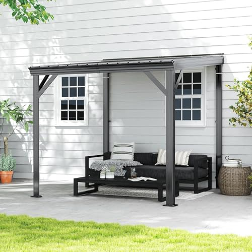 Domi Wandmontierter Pavillon 2,45 × 2,42 m mit Festem Dach, Verzinktes Stahldach mit Regenrinnen, 96 km/h Windbeständig, Outdoor-Überdachung für Terrasse & Garten – Grau