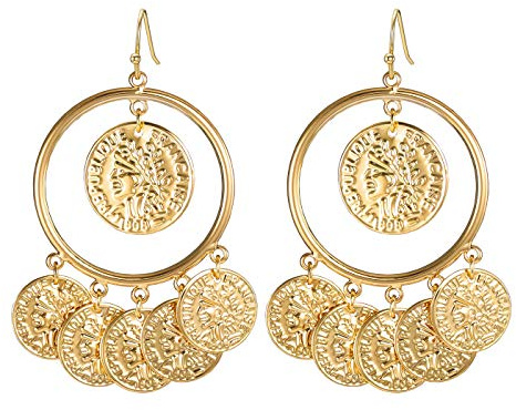Gold Vintage Tribal Chandelier Portrait Coins Drop Dangle Earrings