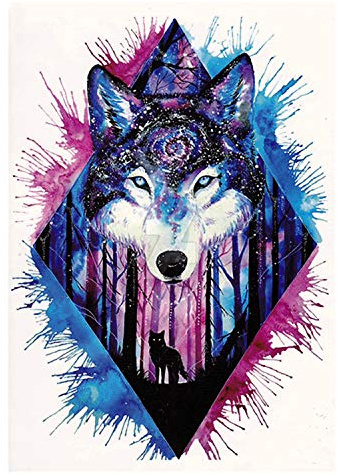 2 x Wolf als buntes XL Tattoo - Wasserfarben Wald Splash - Body Temporary Fake Tattoo - TH203 (2)