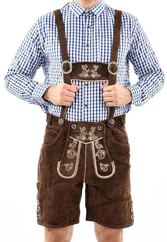 ALESSANDRO SALVARINI Herren Lederhose Tracht (Gr. 46-60) mit Träger - 100% Echtleder, Trachtenlederhose Kurz Oktoberfest Männer - AS-180 (50, DBraun)
