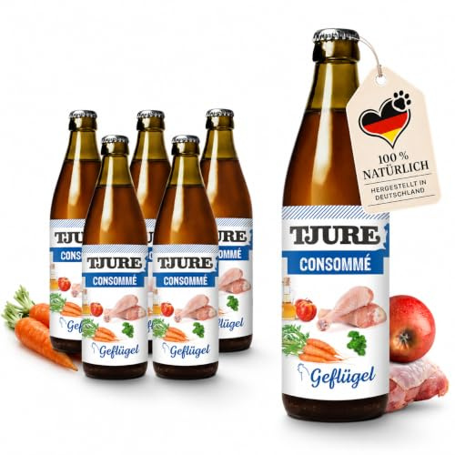 TJURE Kraftbrühe Geflügel 6 x 320ml | 5+1 Aktion | Brühe für Hunde & Katzen | Geflügelkraftbrühe ohne Zusatzstoffe | Ungefiltert | Ideal als Futter Topping & Snack | Made in Germany
