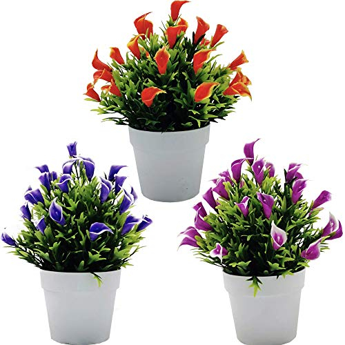 Fycooler Künstliche Callalilie Blumen Eingetopft - 3Pcs Calla Lillies Künstliche Blumen Grünpflanzen - Künstliche Callalilie in Weißen Töpfen für Wohnkultur Brauthochzeit, Büro,DIY Blumenarrangements