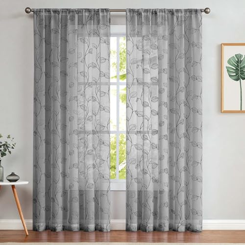 TOPICK Sheer Chiffonggardin med löv, broderad, transparent, grå, chiffong, gardiner för vardagsrum, sovrum, 140 x 225 cm, set om 2
