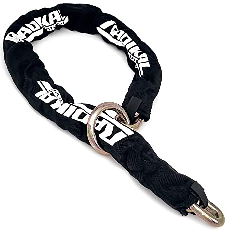 RADIKAL RK14120L - Catena antifurto per moto, alta sicurezza, maglie in acciaio cementato, ø14 mm, 120 cm, anello cravatta, custodia tessile, lucchetto catena ancoraggio garage, contenitori, porte,