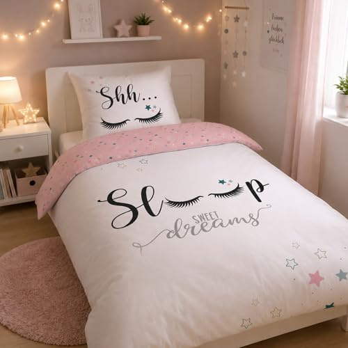 Familando Bettwäsche Set Mädchen 2-teilig 135x200 80x80 cm – Jugendbettwäsche Wimpern & Sterne Rosa aus 100% Baumwolle – Hautfreundlich & atmungsaktiv für traumhaften Schlaf – Öko-Tex Zertifiziert