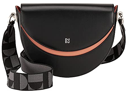 DUDU Borsa Donna a Tracolla in Vera Pelle, Mezzaluna Rigida, Made in Italy, Borsetta con Patta e Doppia Tracolla, Chiusura Magnetica Nero