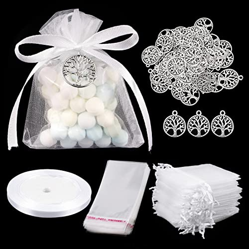 50 Pendentifs Arbre de Vie Colliers et 50 Sachet Organza 50 Petite Pochette Plastique et Ruban Blanc Arbre de Vie Métal Bijoux Bracelet Sac Faveur Décoration pour Communion Baptême Mariage