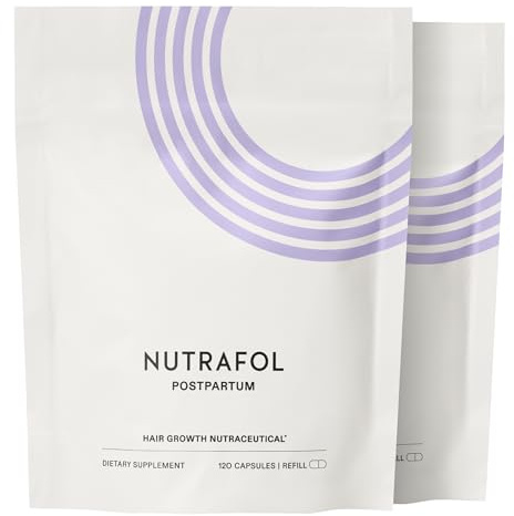 Nutrafol Postpartum Hair Growth Supplements, Clinically Tested for Visibly Thicker Hair and Less Shedding, Breastfeeding-Friendly - 2 Month Supply, 2 Refill Pouches