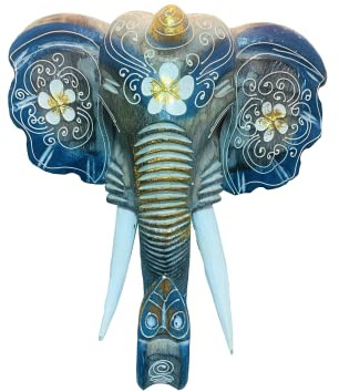 My Family House Elephant Wall Mask 20cm - Gold Flower Blue Grey Hanging Boho Wooden Hand Carved Art Fair Trade Hand Painted Animal African Safari Masks
