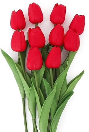 levante group – Tulipani Finti Realistici in Lattice Rossi – Mazzo di Fiori Artificiali Realistici per Decorazioni Casa, Ufficio, Eventi – Tulipani Finti 10pz
