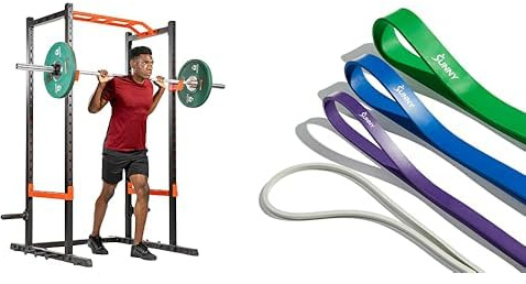 Sunny Health & Fitness Power Zone Strength Rack Power Cage - 455 KG Weight Capacity, Spotter Bar + Versatile Resistance Bands (Single or Combination Set) for Strength Training - 4.5-35kg Combo