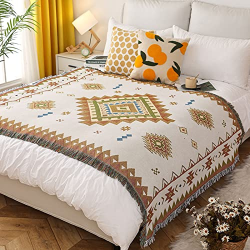 LumiSyne Coperte Disponibile Double-Face Plaid In Cotone Intrecciato Con Nappina Stile Etnico Bohemien Motivo Geometrica Decorativo Coperta Per Letto Divano Campeggio Arazzo Tovaglia Tappeto 180x130cm