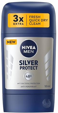NIVEA MEN Stick Body Silver Protect Antiperspirant Deodorant for Reliable and Antibacterial Protection 48h and Smooth Application Silver Ions Containing Formula 50 ml, Pack of 2