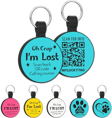 MYLUCKYTAG tyst graverad silikon QR-kod husdjurs-ID | personlig hund- och kattkragetikett | onlineprofil | platsvarning e-post