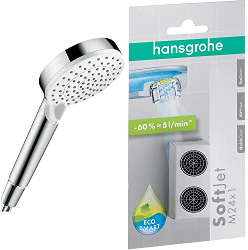 hansgrohe wassersparender Duschkopf Crometta, Weiß/Chrom & Perlator/Strahlregler, Ersatzteil SoftJet, wassersparendes Luftsprudler Set, Wasserhahn Sieb mit Durchflussbegrenzer 5 l/min, Mehrfarbig