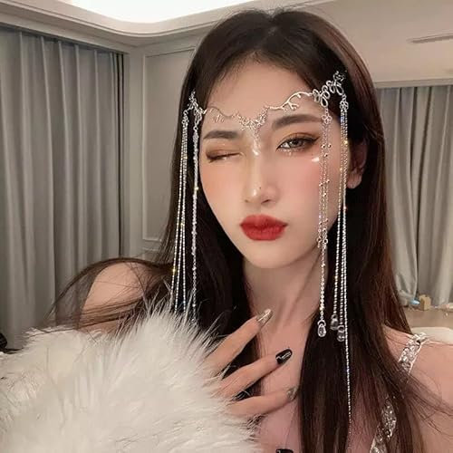 BSLVWG Ethnische Stil Stirnband Kopfkette mit Perlen, Feenhaar Stirn Kette Kristall Stirnband Gesicht Vorhang Haar Zubehör für Frauen und Mädchen (02)