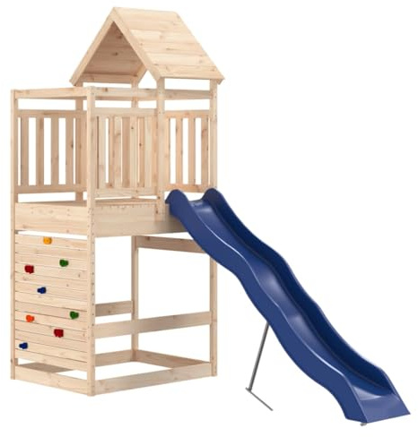 vidaXL Solid Wood Pine Outdoor Playset for Children Aged 3-8, Durable and Stable, Featuring a 118 cm Height Platform, Rock Wall, Wave Slide, and Sandpit.