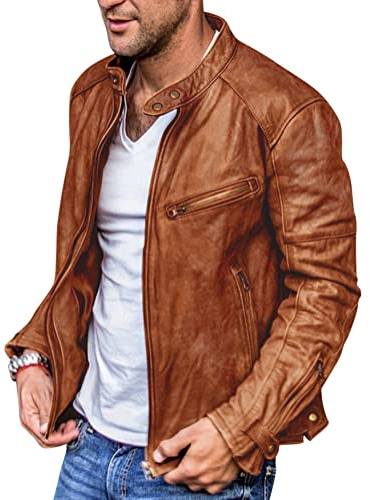 Oanviso Giacca Uomo Ecopelle Giacche Biker Leggero Giubbino Bomber Giubbotto Vintage Giacca Da Moto Moda Casual Jacket Primavera Giacca di Pelle a Maniche Lunghe Regular Fit A Marrone L