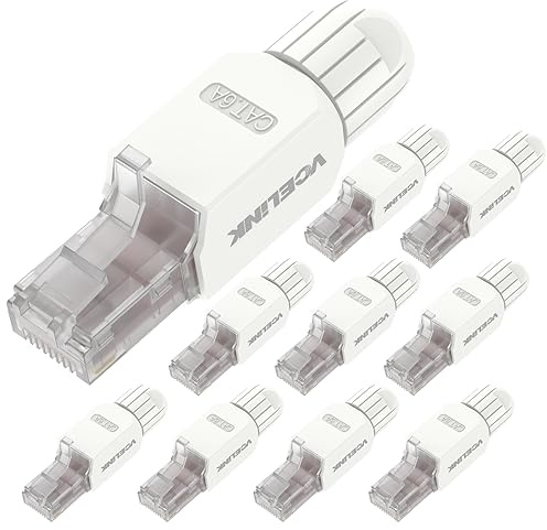 VCELINK Cat6A Connettori RJ45 Senza Attrezzi, 10Gbps/500MHz, UTP Plug Ethernet Placcato Oro Riutilizzabili per Router, Switch, Modem, PC, Facili da Installare, Bianco, 10 Pezzi