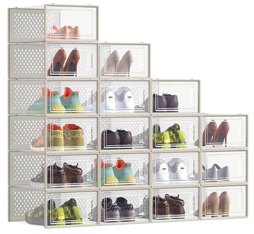 SONGMICS Boîtes à Chaussures, Rangement Chaussures en Plastique, Pliables et Empilables, pour Pointure Jusqu’à 43, Lot de 18, Transparent et Beige Cappuccino LSP066L18