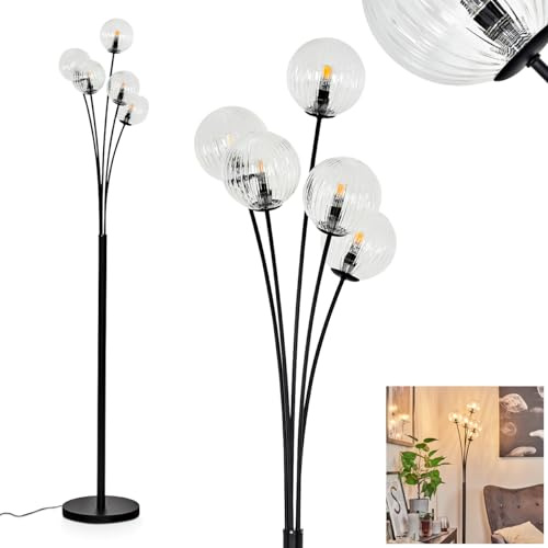 Stehleuchte Bernado, dimmbare Stehlampe aus Metall/Glas in Schwarz/Klar/Riffelglas, Standleuchte mit Glaskugeln (Ø 12 cm), Höhe 174,5 cm, stufenlos dimmbar über Fußschalter, 5 x G9, ohne Leuchtmittel