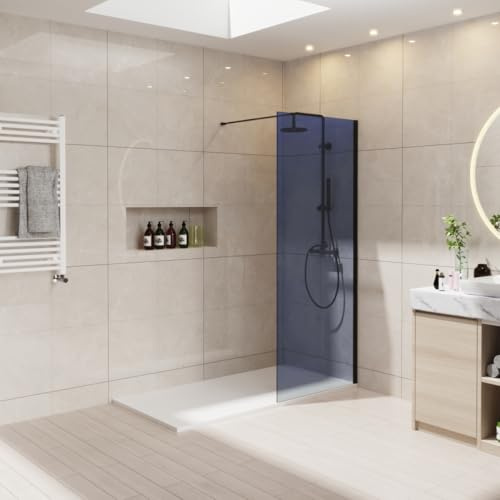 NRG 800 x 1950mm Wetroom Shower Screen, 8mm Grey Glass, Black Frame | Easy Clean Glass, 1m Stainless Steel Support Bar, 15mm Wall Adjustment, Left or Right Fit, No Tray