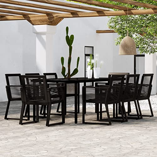 Gecheer 9-TLG. Garten Essgruppe Terrassenmöbel Set 8 Personen Sitzgruppe Gartenmöbel Set Metall Esstisch mit Glas-Tischplatte & 8 Stuhl, Gartengruppe Sitzgarnitur Schwarz