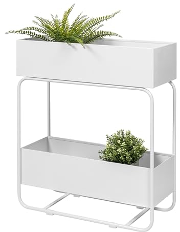 eluno Pflanzenständer, Blumenständer mit 2 Ablagen, Bücherregal, stilvolles Multifunktionsregal aus Metall ca. 60 x 25 x 71 (B/T/H) (Weiß)
